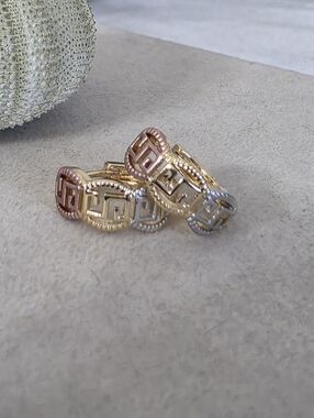 Gold Filled Tricolor Huggie Hoop Earrings Greek Key Design